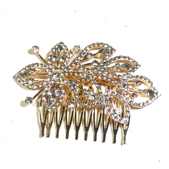Hair Comb Barrette Gold Tone Clear Rhinestone Floral Elegant Design Prom Party - Picture 2 of 3